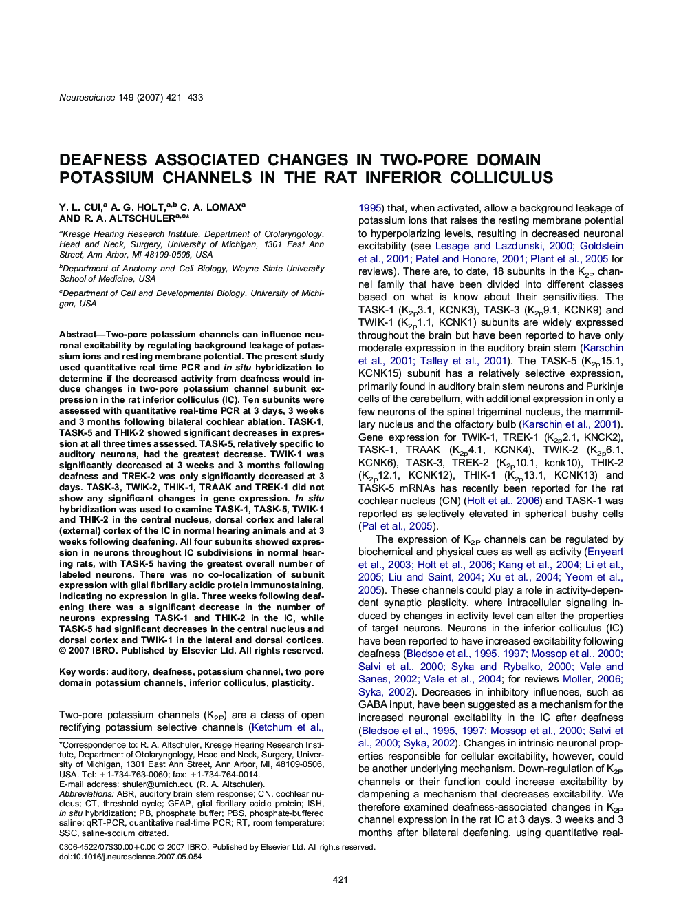 Deafness associated changes in two-pore domain potassium channels in the rat inferior colliculus