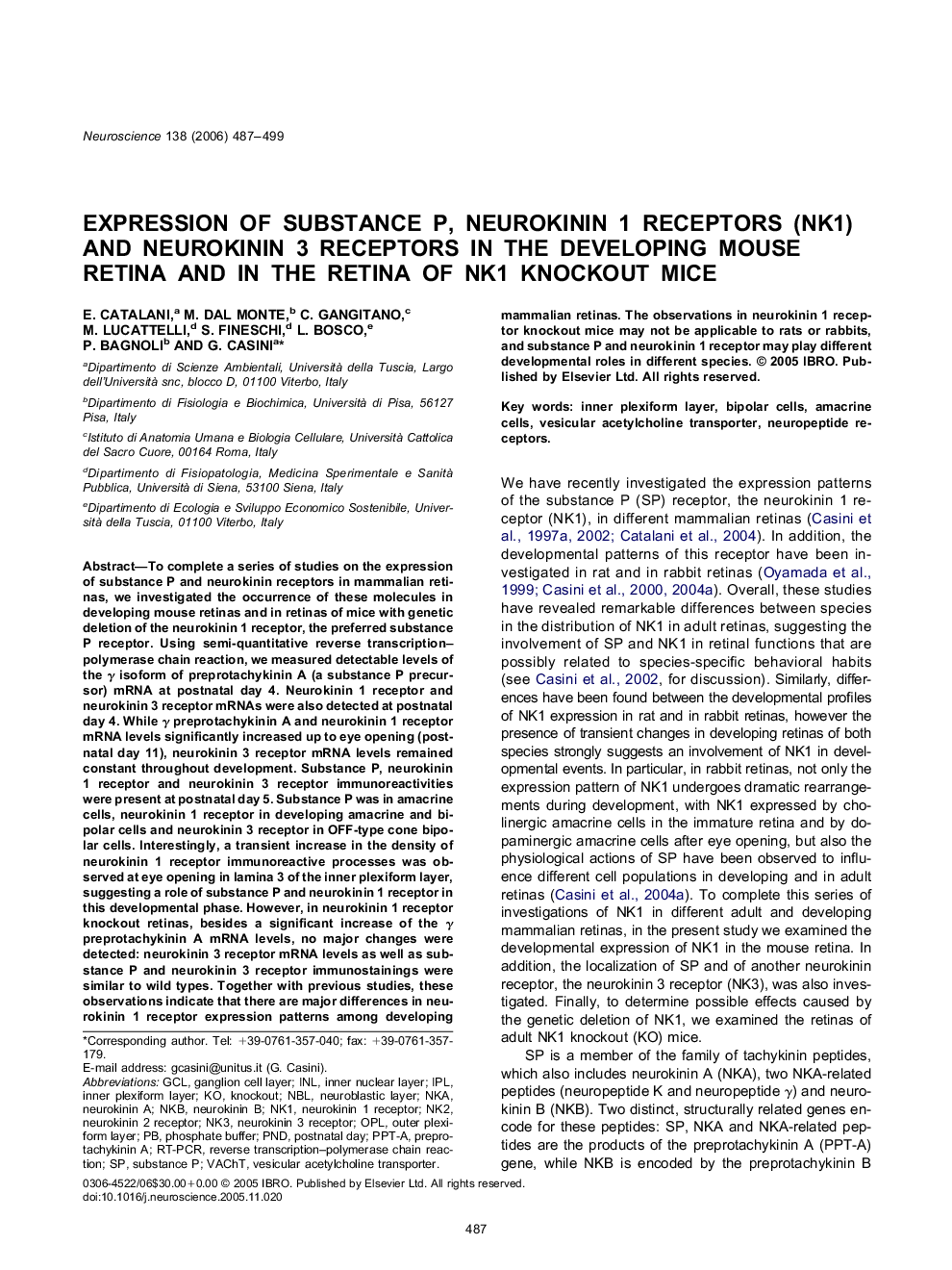 Expression of substance P, neurokinin 1 receptors (NK1) and neurokinin 3 receptors in the developing mouse retina and in the retina of NK1 knockout mice