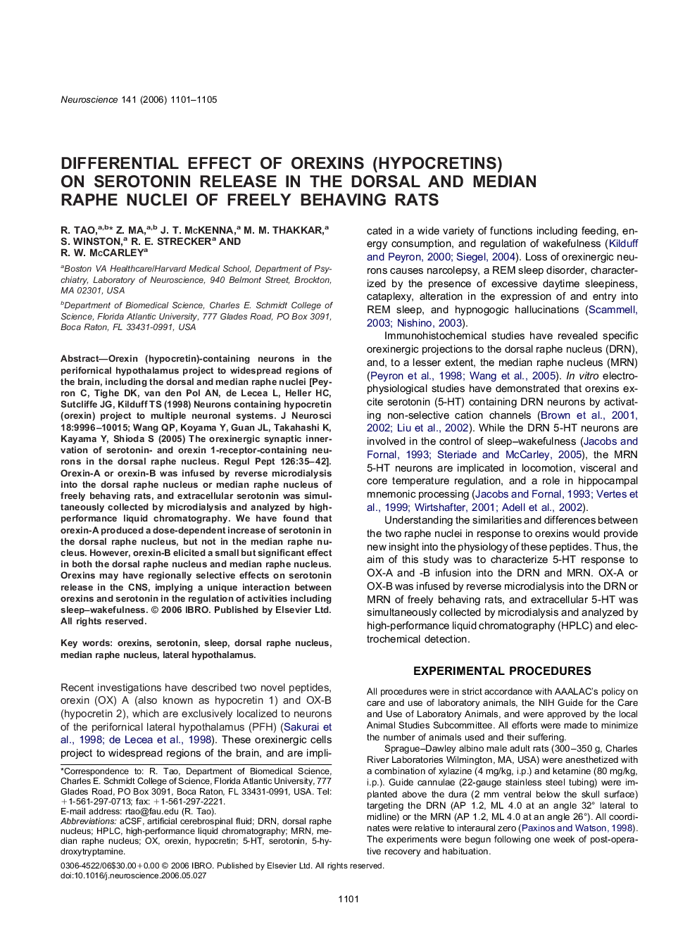 Differential effect of orexins (hypocretins) on serotonin release in the dorsal and median raphe nuclei of freely behaving rats