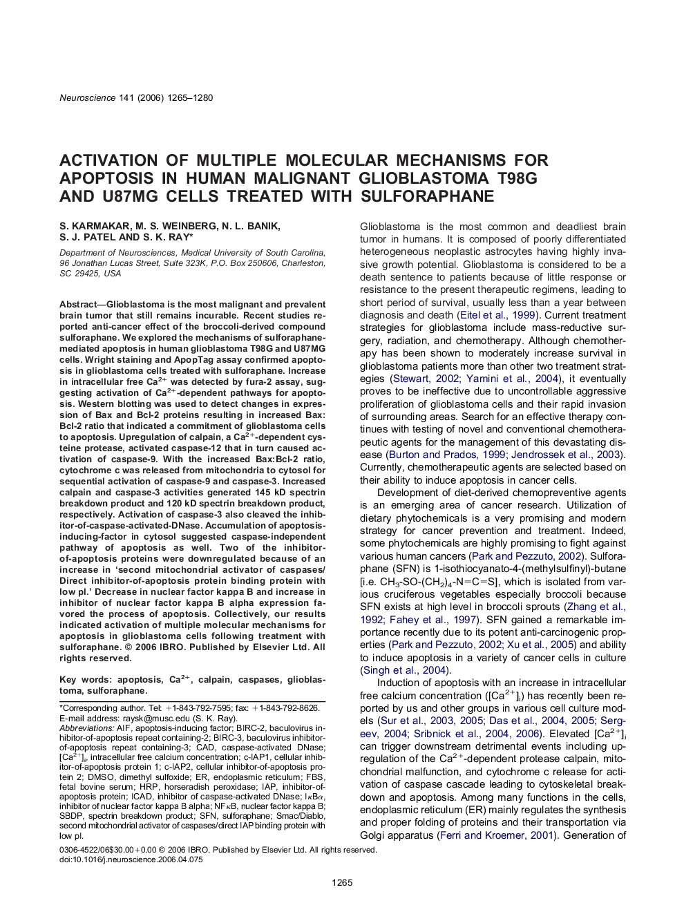 Activation of multiple molecular mechanisms for apoptosis in human malignant glioblastoma T98G and U87MG cells treated with sulforaphane