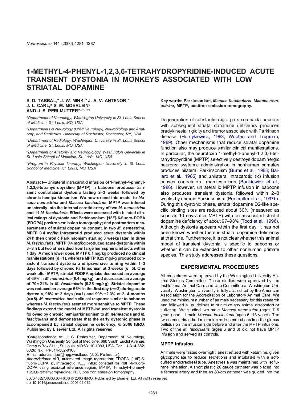 1-Methyl-4-phenyl-1,2,3,6-tetrahydropyridine-induced acute transient dystonia in monkeys associated with low striatal dopamine