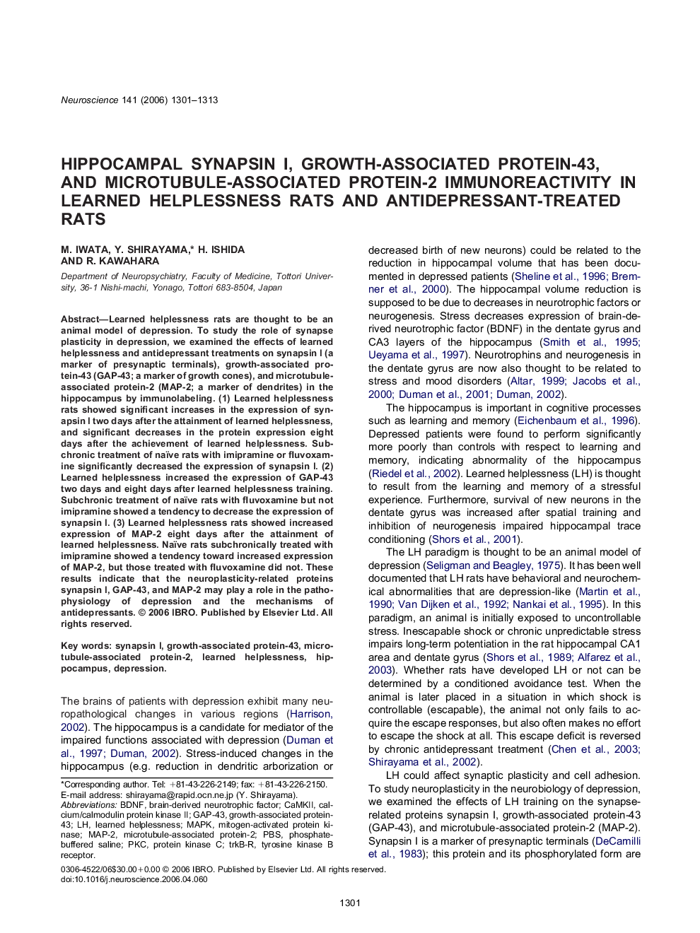 Hippocampal synapsin I, growth-associated protein-43, and microtubule-associated protein-2 immunoreactivity in learned helplessness rats and antidepressant-treated rats