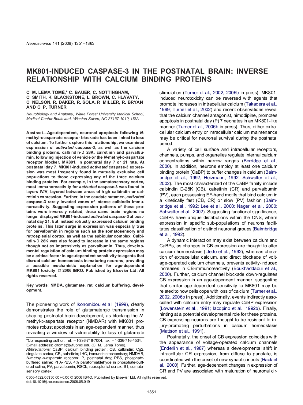 Mk801-induced caspase-3 in the postnatal brain: Inverse relationship with calcium binding proteins