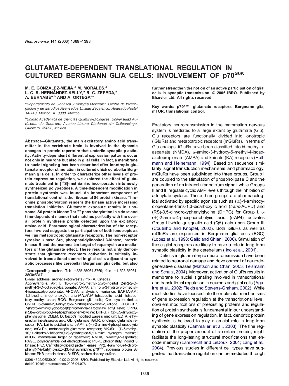 Glutamate-dependent translational regulation in cultured Bergmann glia cells: Involvement of p70S6K