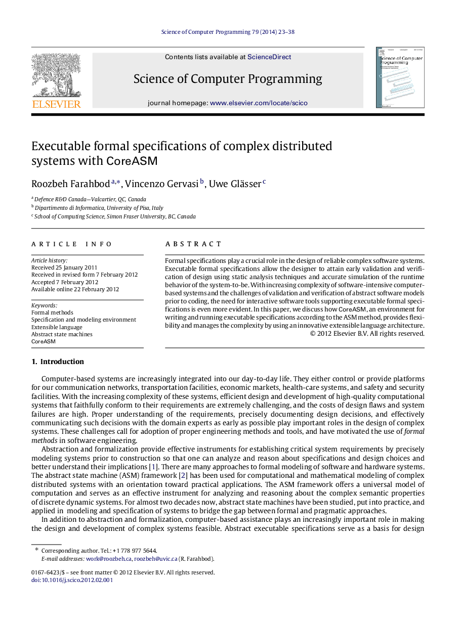 Executable formal specifications of complex distributed systems with CoreASM