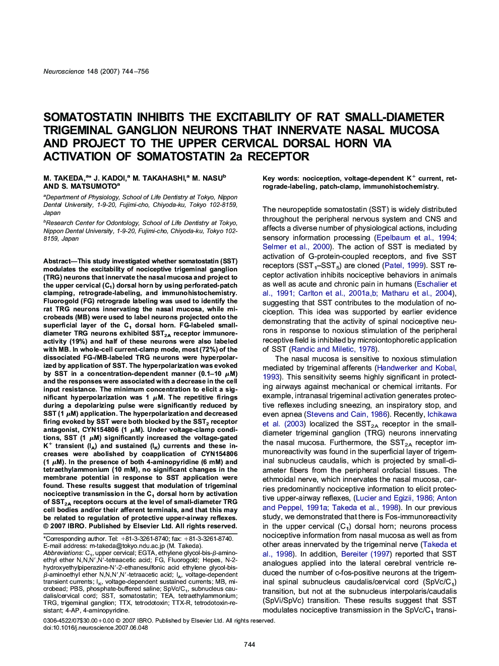 Somatostatin inhibits the excitability of rat small-diameter trigeminal ganglion neurons that innervate nasal mucosa and project to the upper cervical dorsal horn via activation of somatostatin 2a receptor