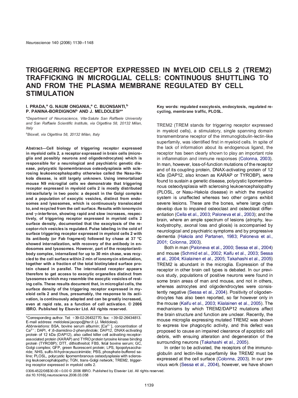 Triggering receptor expressed in myeloid cells 2 (TREM2) trafficking in microglial cells: Continuous shuttling to and from the plasma membrane regulated by cell stimulation