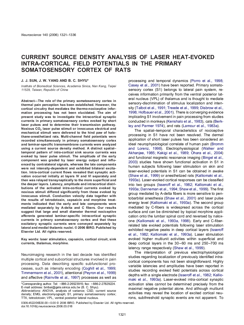 Current source density analysis of laser heat-evoked intra-cortical field potentials in the primary somatosensory cortex of rats