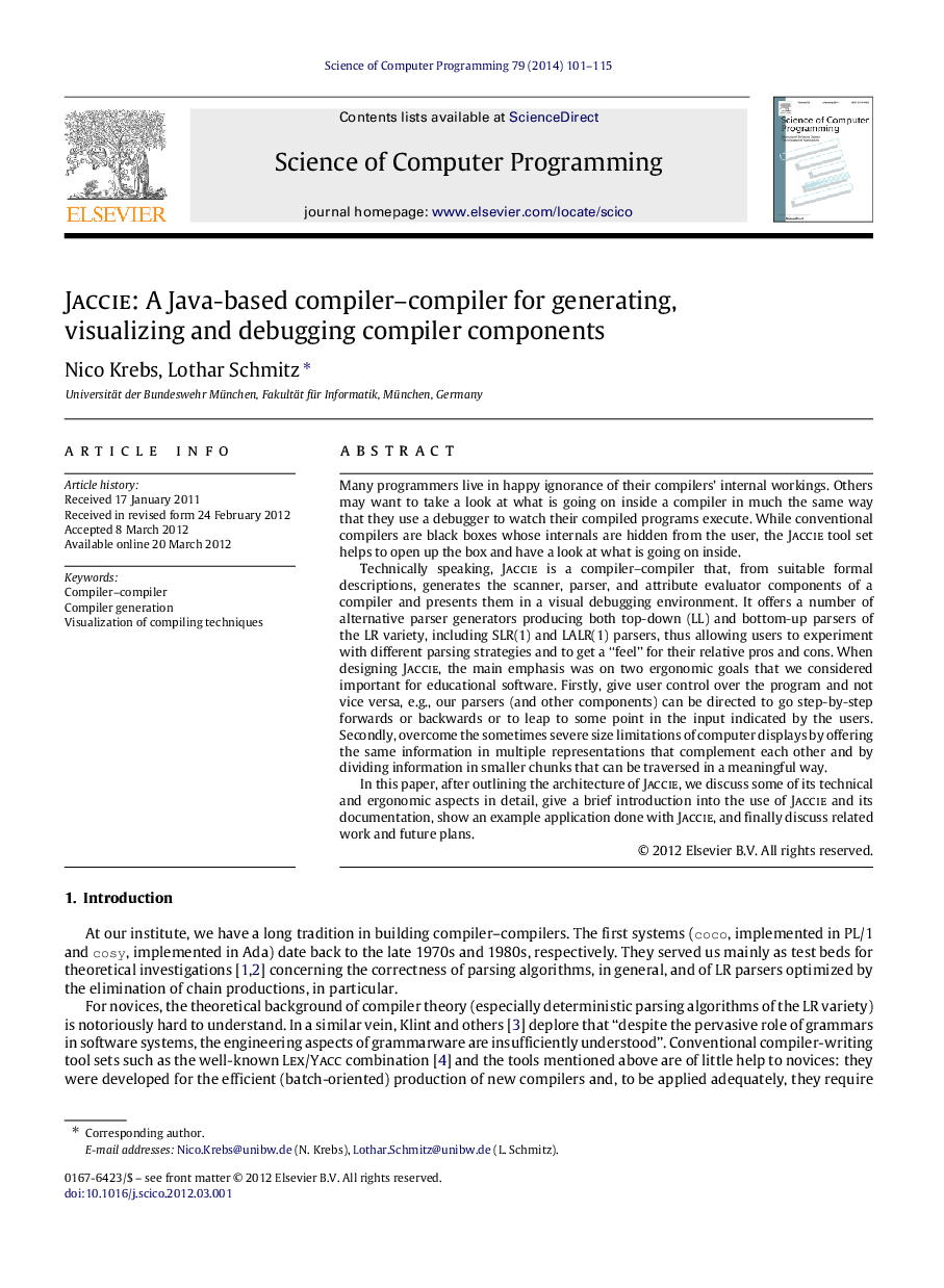 Jaccie: A Java-based compiler–compiler for generating, visualizing and debugging compiler components