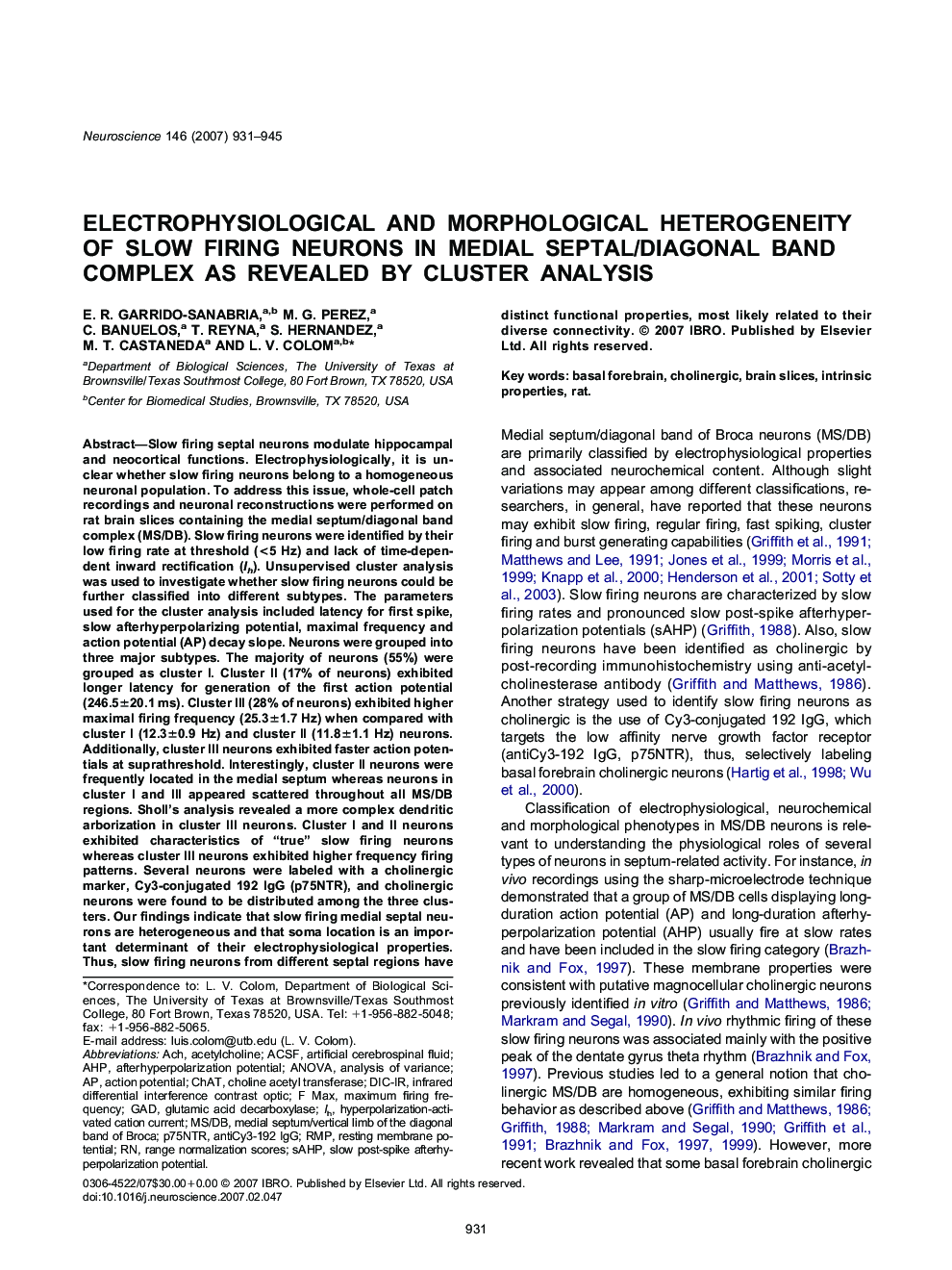 Electrophysiological and morphological heterogeneity of slow firing neurons in medial septal/diagonal band complex as revealed by cluster analysis