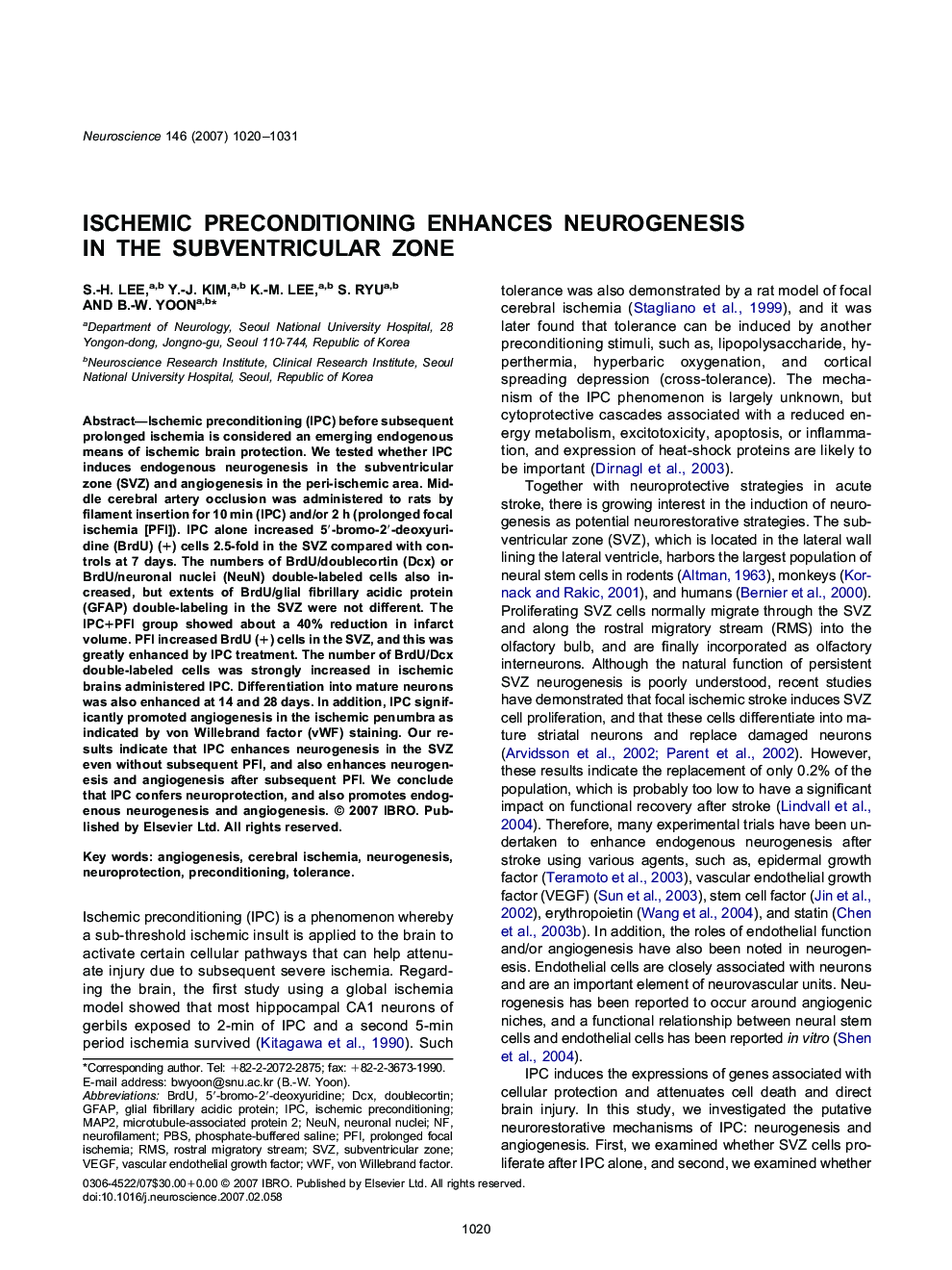 Ischemic preconditioning enhances neurogenesis in the subventricular zone