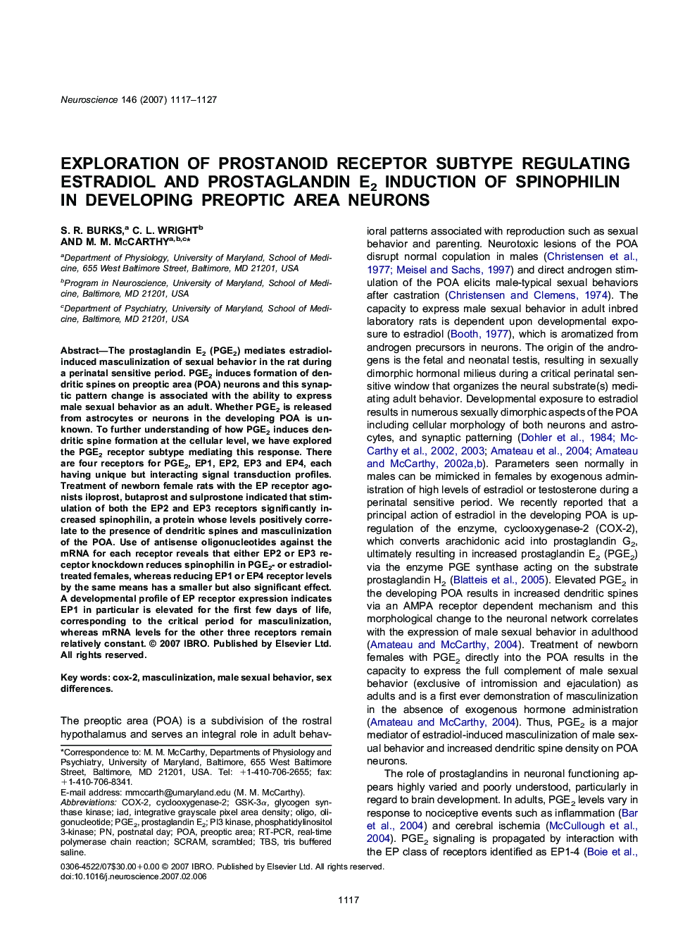 Exploration of prostanoid receptor subtype regulating estradiol and prostaglandin E2 induction of spinophilin in developing preoptic area neurons