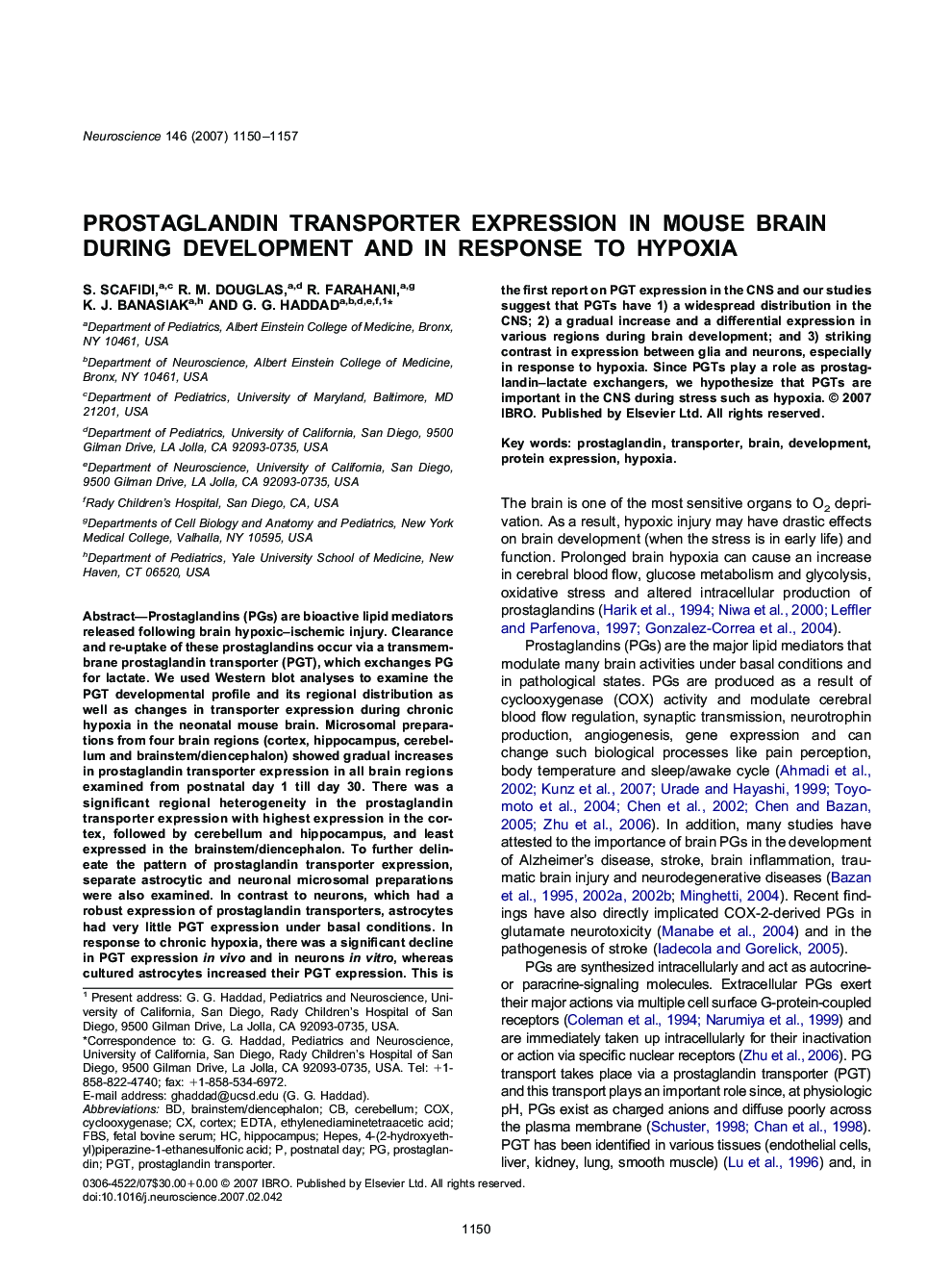 Prostaglandin transporter expression in mouse brain during development and in response to hypoxia