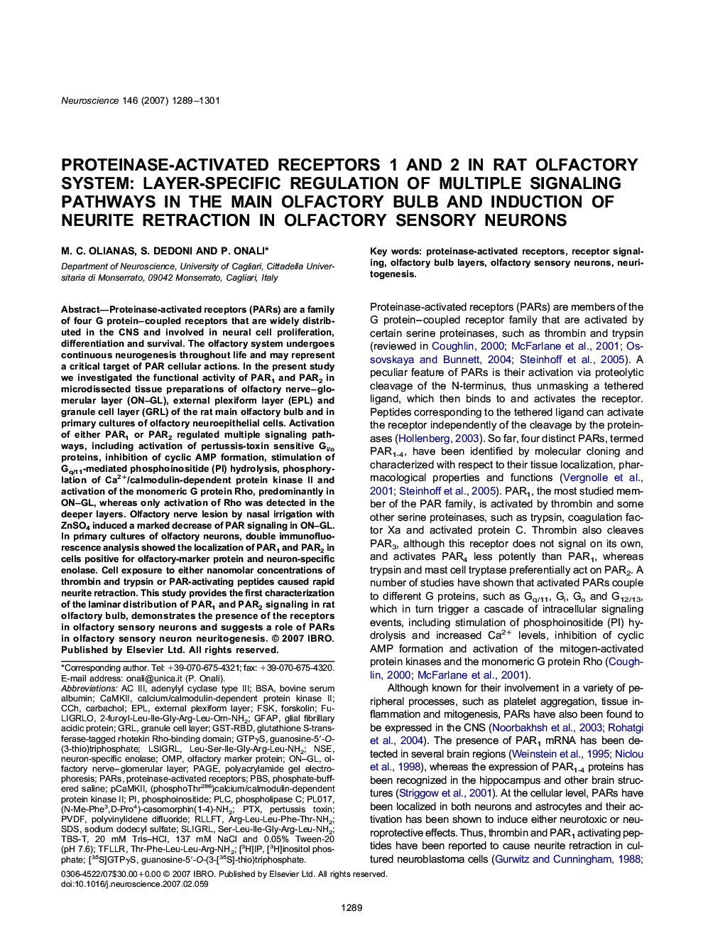 Proteinase-activated receptors 1 and 2 in rat olfactory system: Layer-specific regulation of multiple signaling pathways in the main olfactory bulb and induction of neurite retraction in olfactory sensory neurons