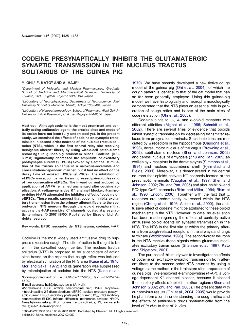 Codeine presynaptically inhibits the glutamatergic synaptic transmission in the nucleus tractus solitarius of the guinea pig