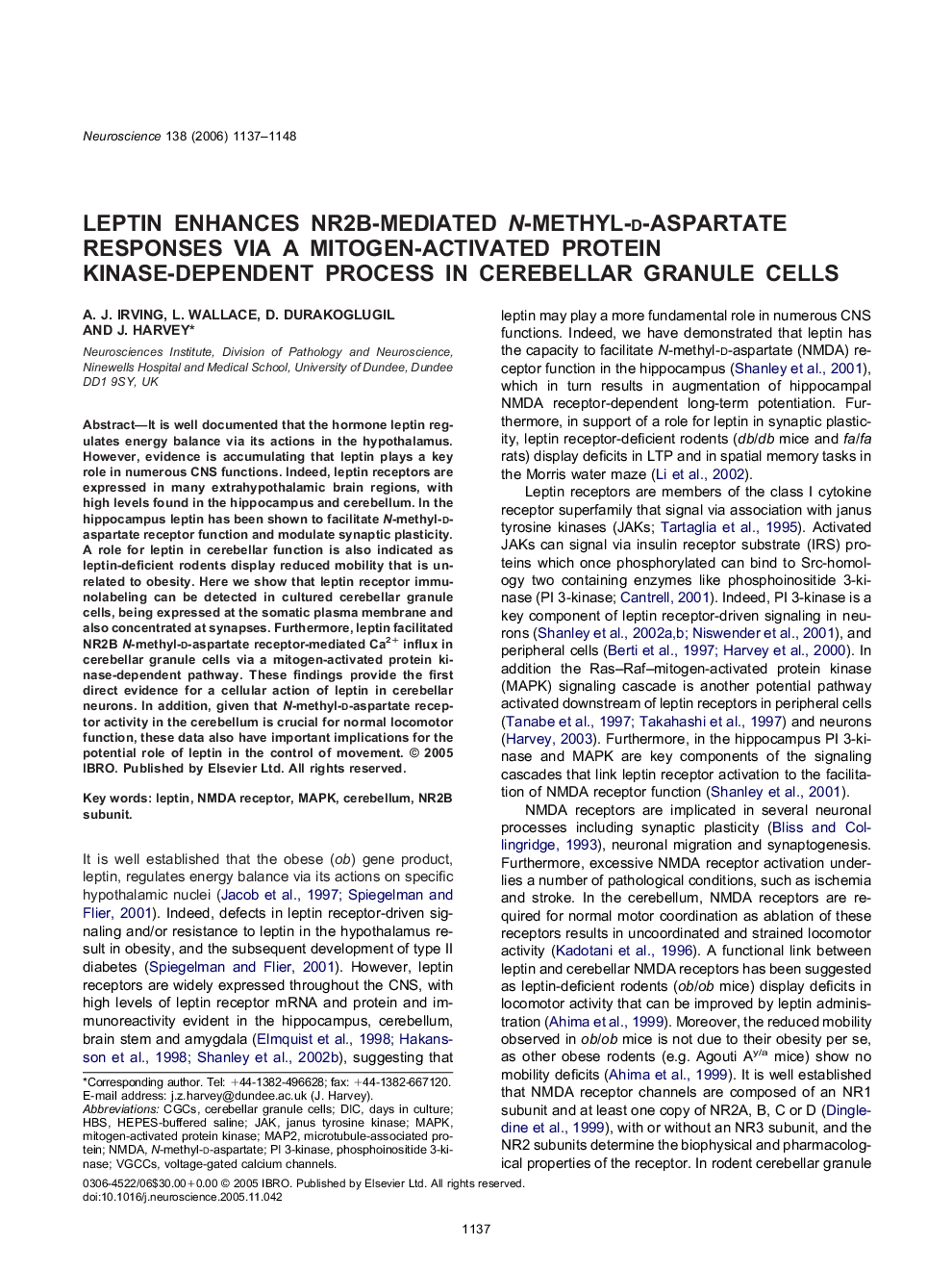 Leptin enhances NR2B-mediated N-methyl-d-aspartate responses via a mitogen-activated protein kinase-dependent process in cerebellar granule cells