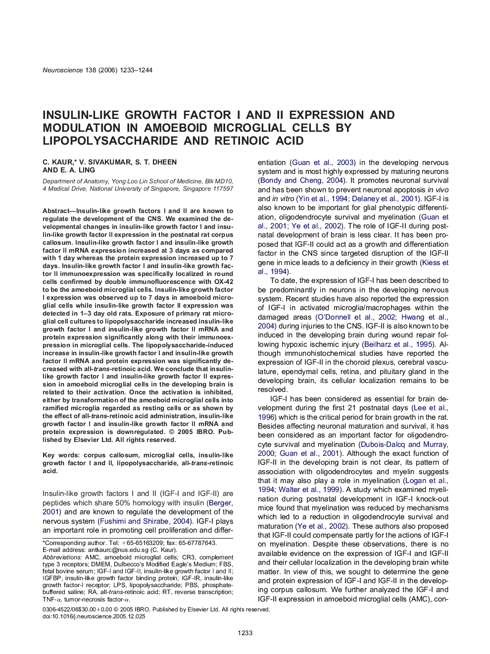 Insulin-like growth factor I and II expression and modulation in amoeboid microglial cells by lipopolysaccharide and retinoic acid