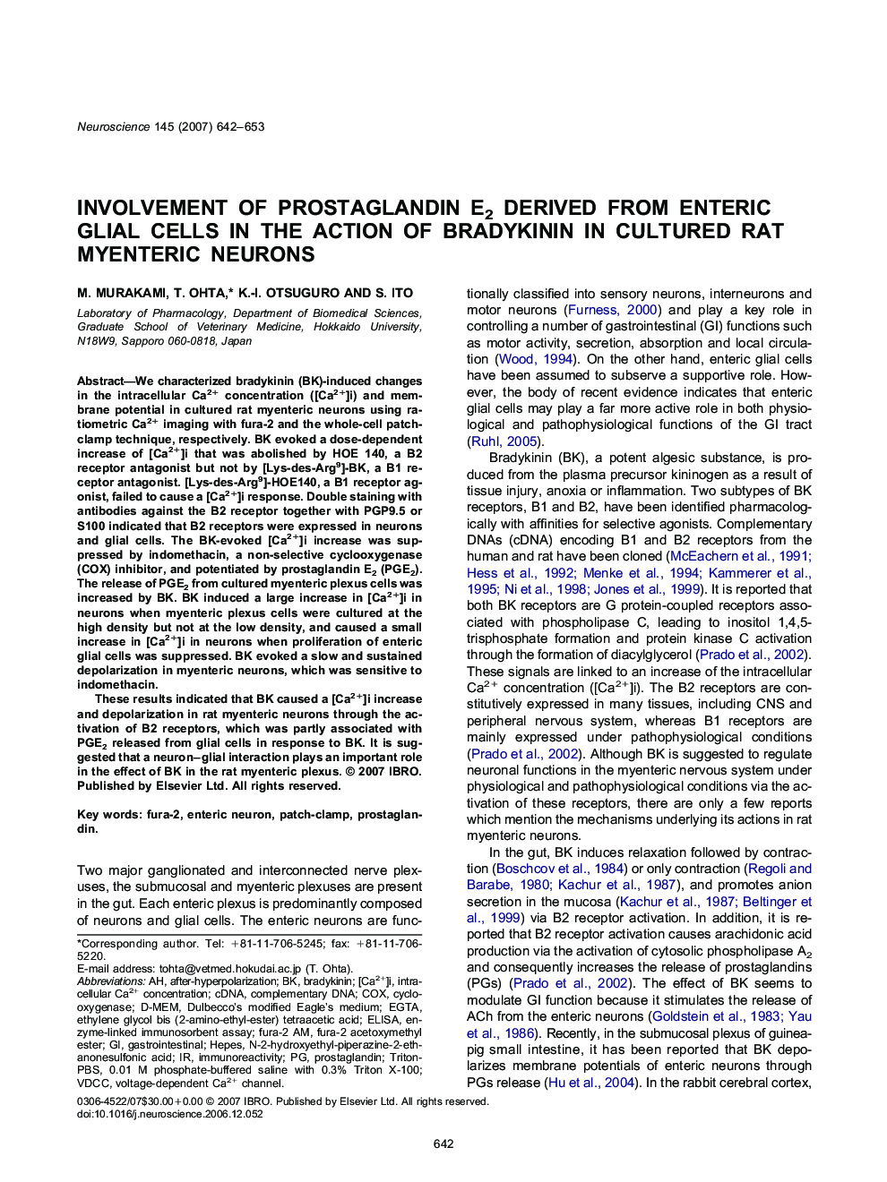 Involvement of prostaglandin E2 derived from enteric glial cells in the action of bradykinin in cultured rat myenteric neurons