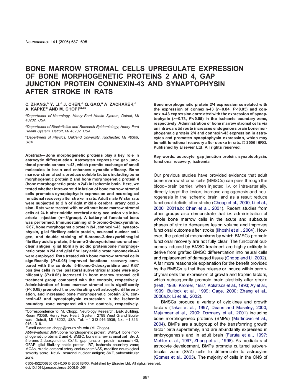 Bone marrow stromal cells upregulate expression of bone morphogenetic proteins 2 and 4, gap junction protein connexin-43 and synaptophysin after stroke in rats