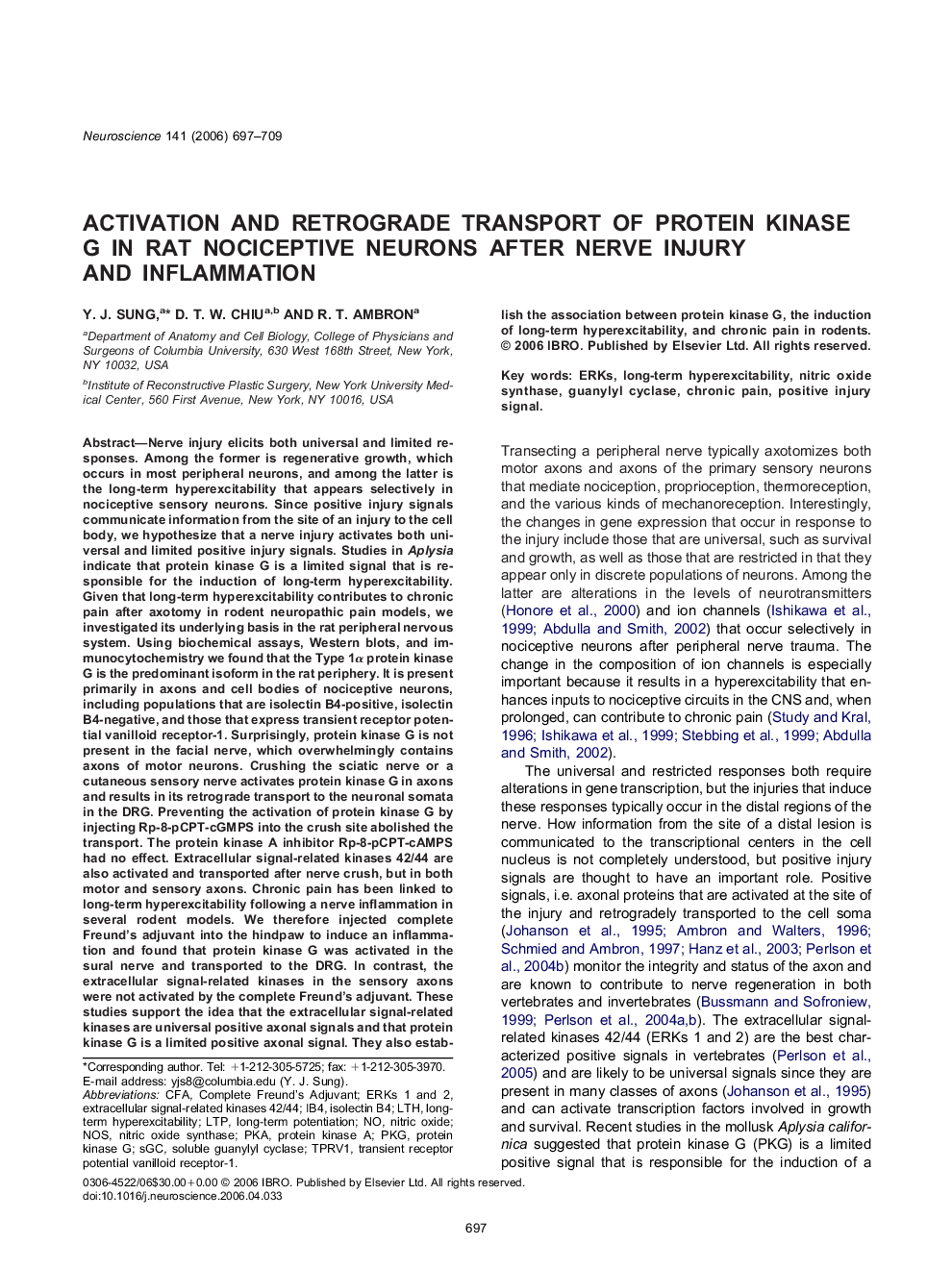 Activation and retrograde transport of protein kinase G in rat nociceptive neurons after nerve injury and inflammation