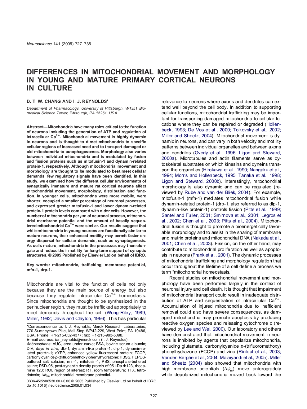 Differences in mitochondrial movement and morphology in young and mature primary cortical neurons in culture