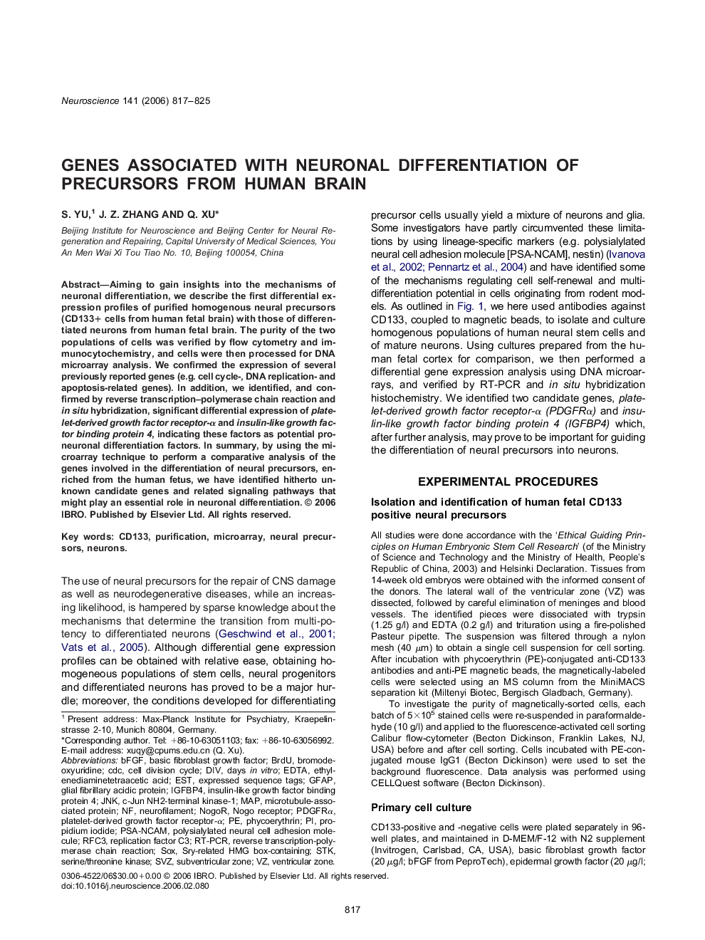 Genes associated with neuronal differentiation of precursors from human brain