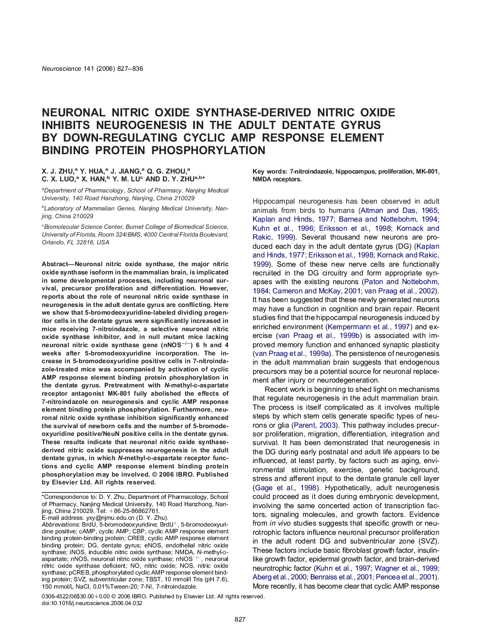 Neuronal nitric oxide synthase-derived nitric oxide inhibits neurogenesis in the adult dentate gyrus by down-regulating cyclic AMP response element binding protein phosphorylation