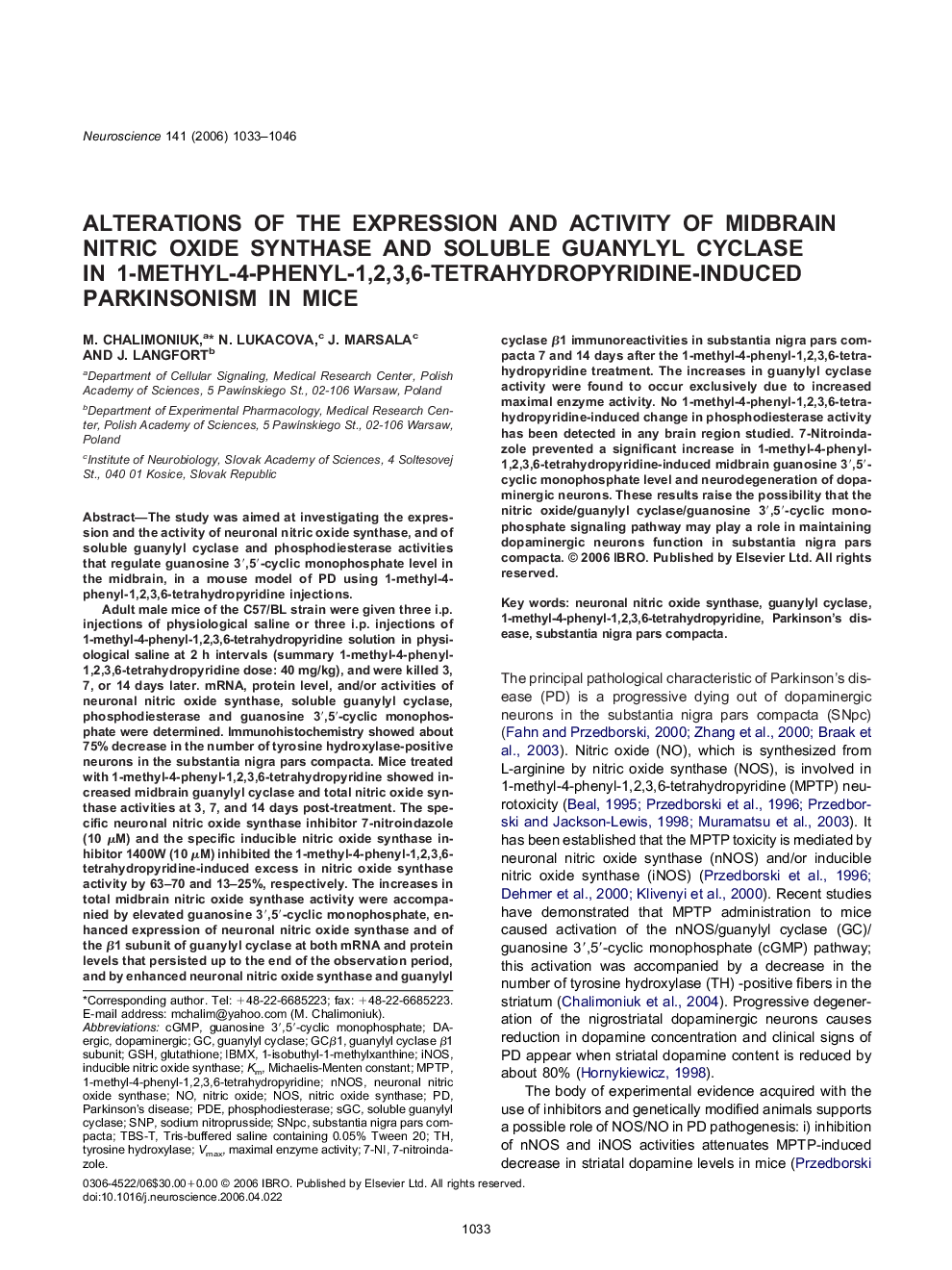 Alterations of the expression and activity of midbrain nitric oxide synthase and soluble guanylyl cyclase in 1-methyl-4-phenyl-1,2,3,6-tetrahydropyridine-induced Parkinsonism in mice