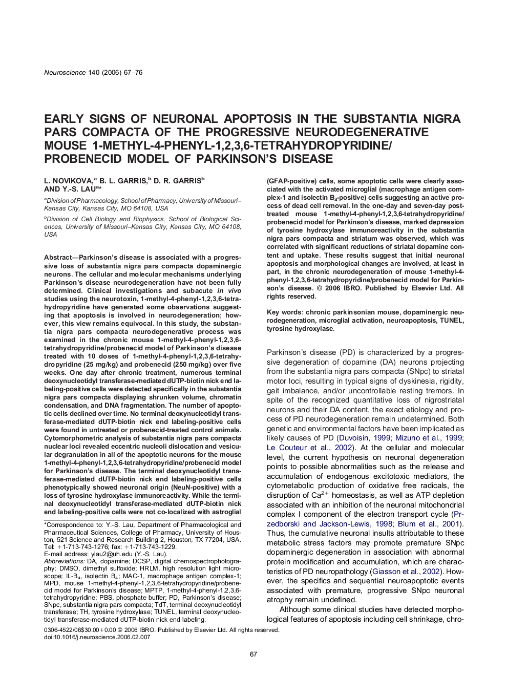 Early signs of neuronal apoptosis in the substantia nigra pars compacta of the progressive neurodegenerative mouse 1-methyl-4-phenyl-1,2,3,6-tetrahydropyridine/probenecid model of Parkinson's disease