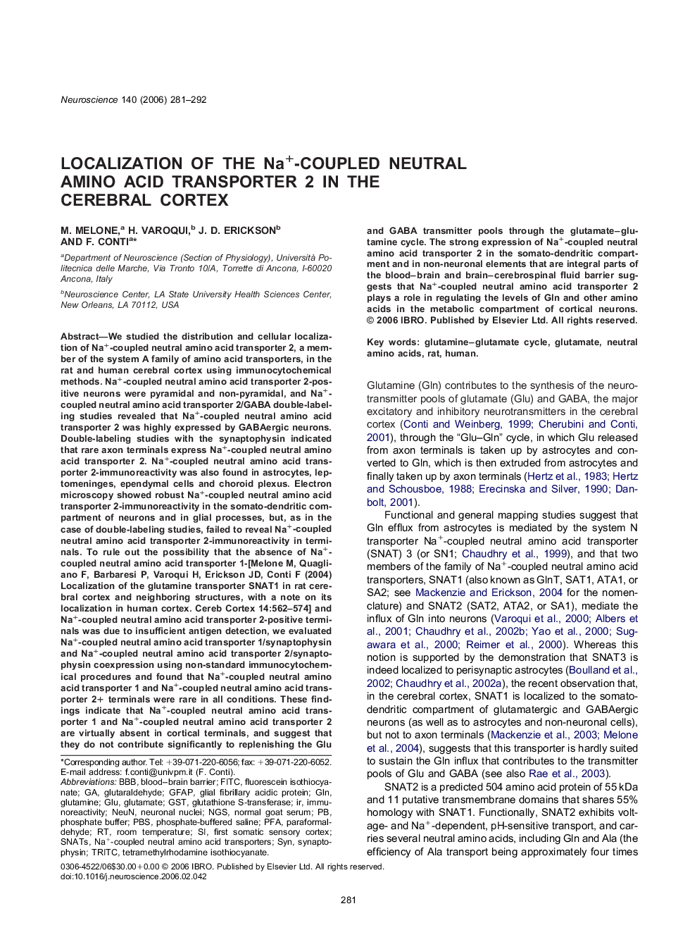 Localization of the Na+-coupled neutral amino acid transporter 2 in the cerebral cortex