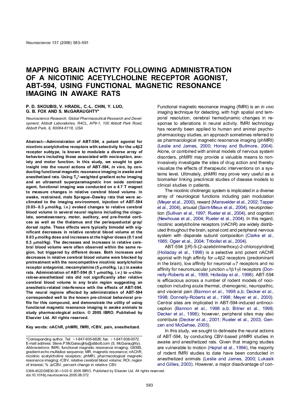 Mapping brain activity following administration of a nicotinic acetylcholine receptor agonist, ABT-594, using functional magnetic resonance imaging in awake rats