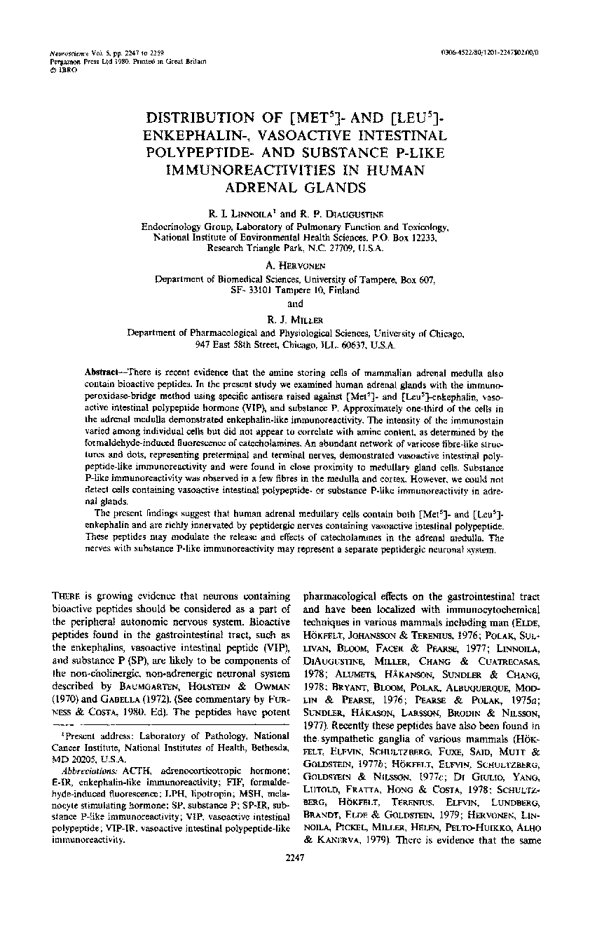 Distribution of [Met5]- and [Leu5]-enkephalin-, vasoactive intestinal polypeptide- and substance P-like immunoreactivities in human adrenal glands