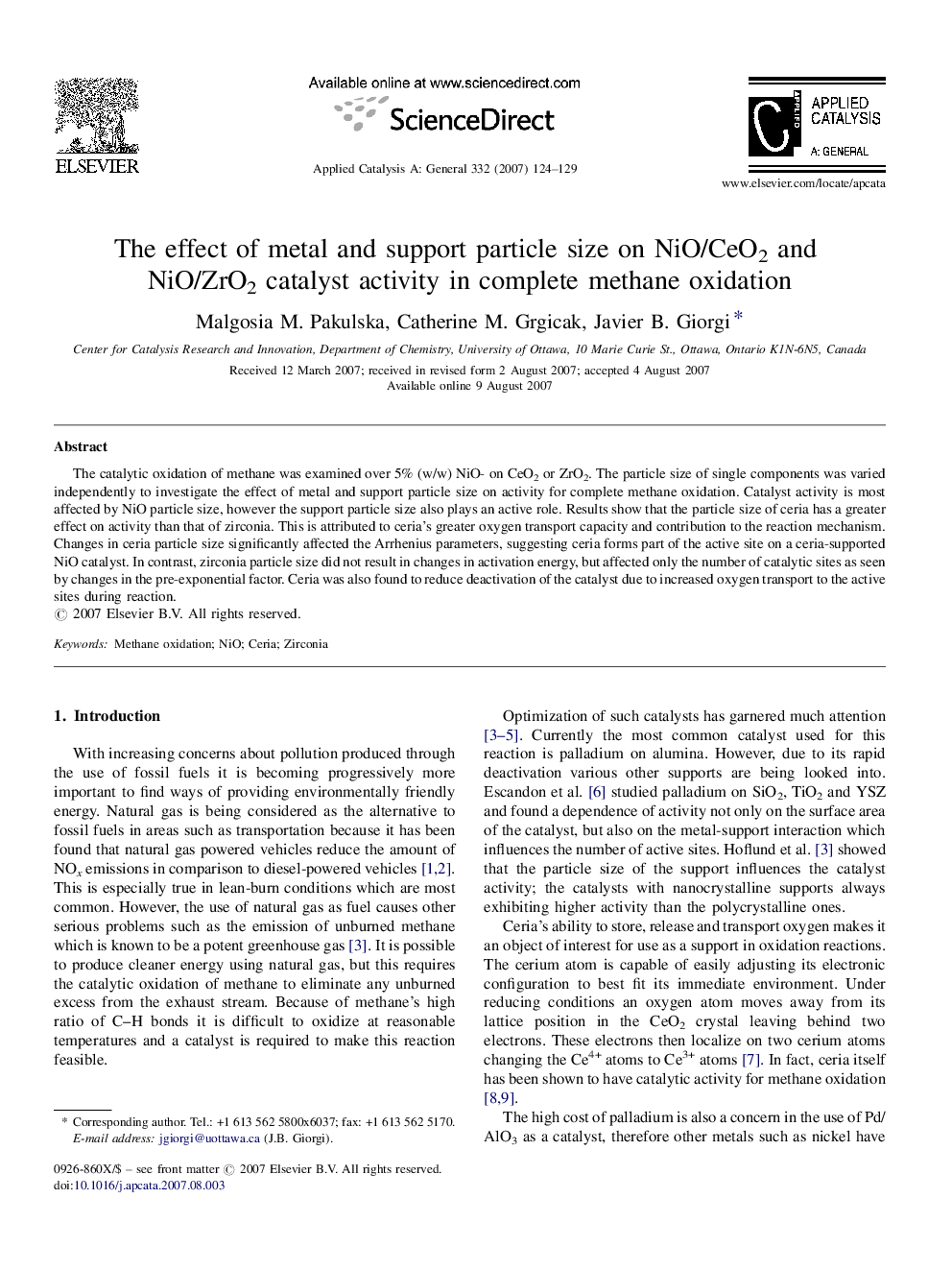 The effect of metal and support particle size on NiO/CeO2 and NiO/ZrO2 catalyst activity in complete methane oxidation