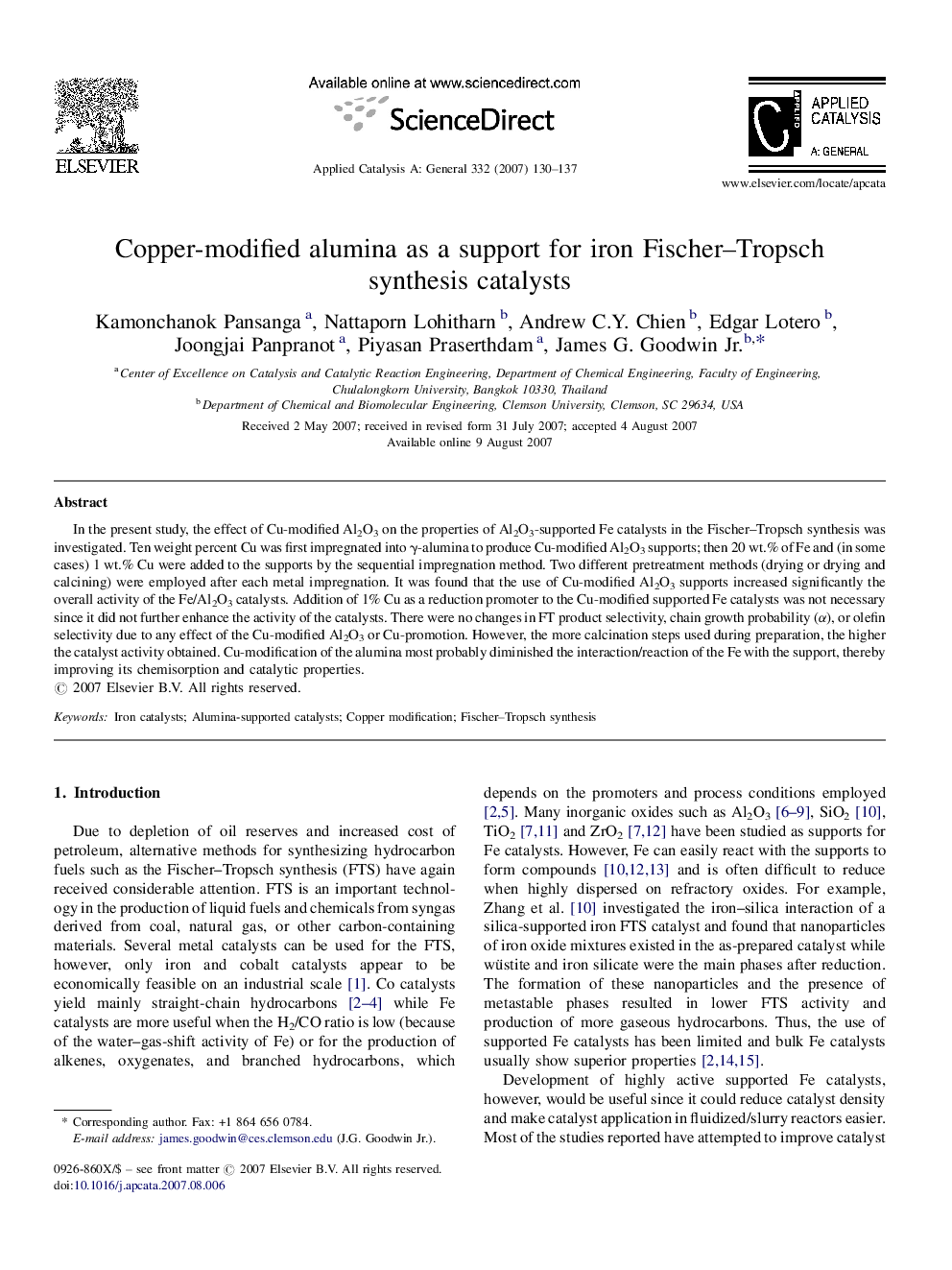 Copper-modified alumina as a support for iron Fischer–Tropsch synthesis catalysts