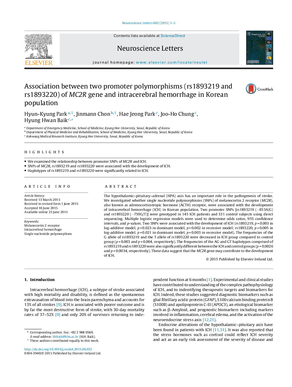 Association between two promoter polymorphisms (rs1893219 and rs1893220) of MC2R gene and intracerebral hemorrhage in Korean population