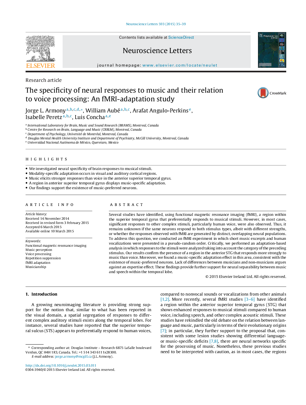 The specificity of neural responses to music and their relation to voice processing: An fMRI-adaptation study