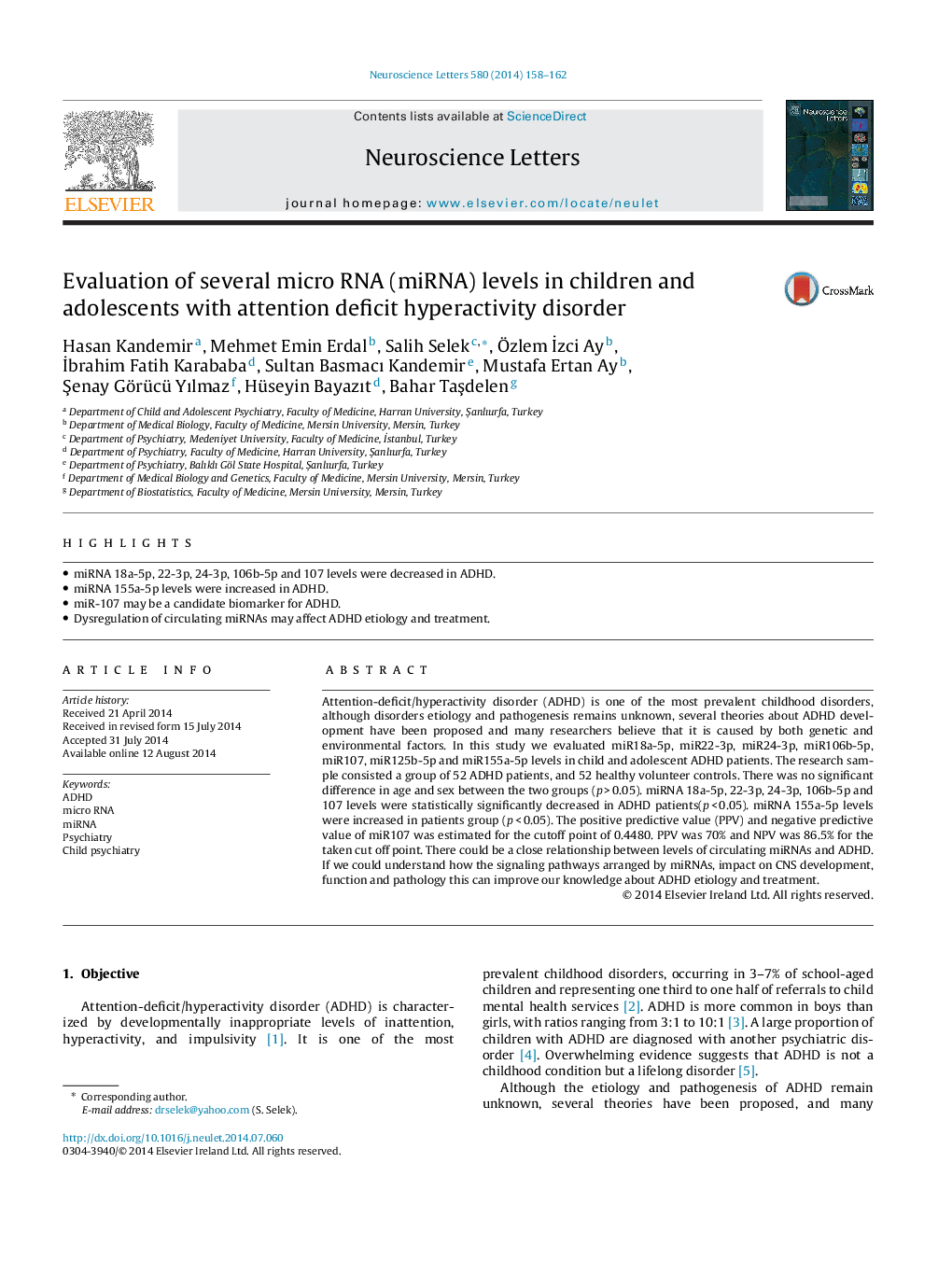 Evaluation of several micro RNA (miRNA) levels in children and adolescents with attention deficit hyperactivity disorder