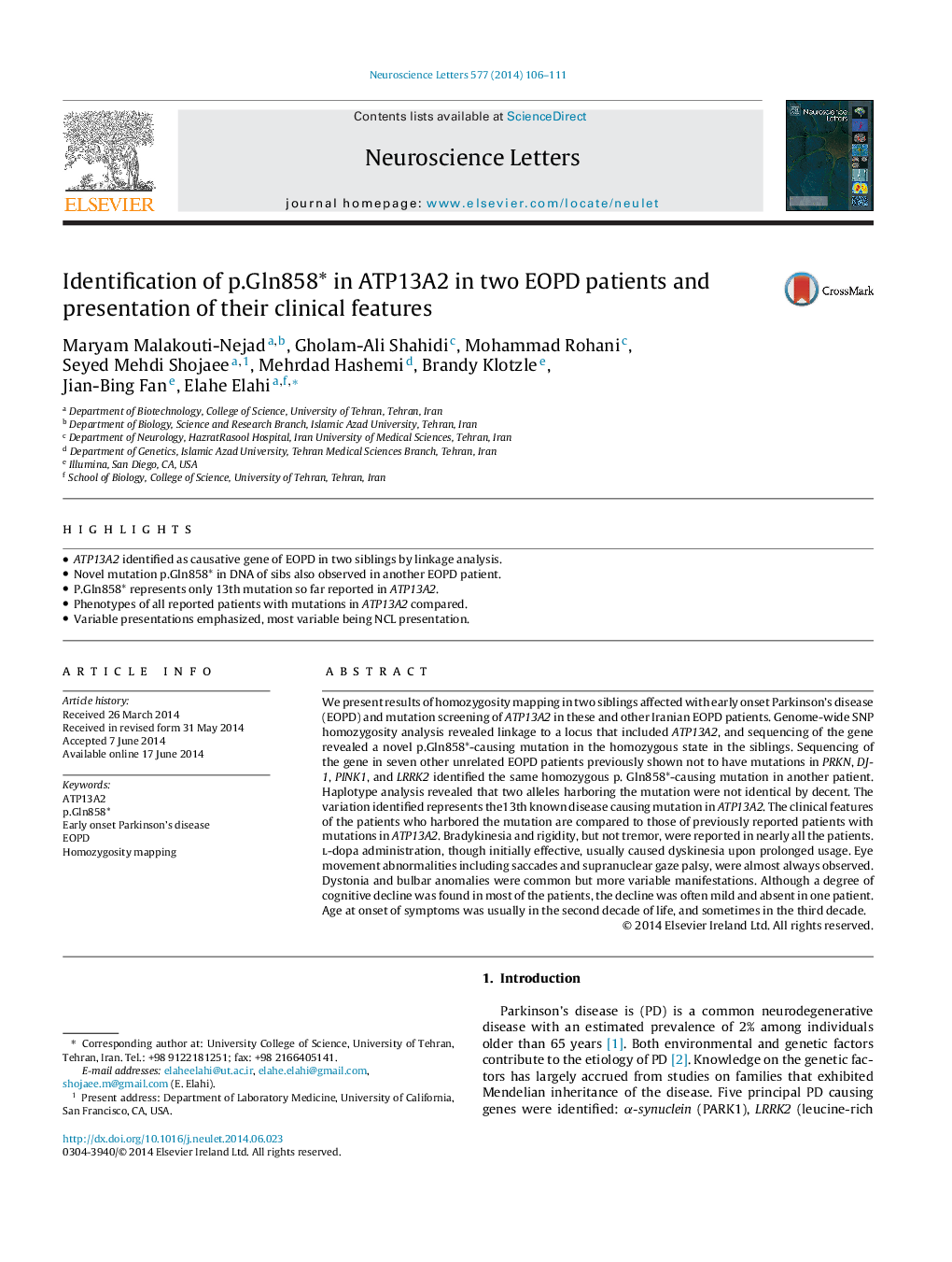 عکس صفحه اول مقاله: Identification of p.Gln858* in ATP13A2 in two EOPD patients and presentation of their clinical features Identification of p.Gln858* in ATP13A2 in two EOPD patients and presentation of their clinical features