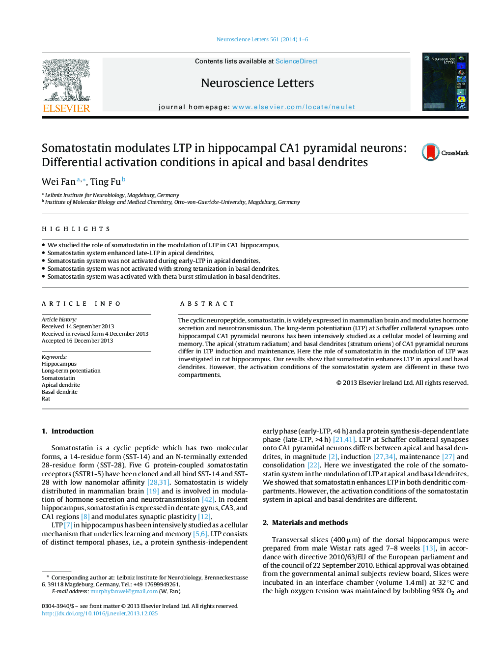 Somatostatin modulates LTP in hippocampal CA1 pyramidal neurons: Differential activation conditions in apical and basal dendrites