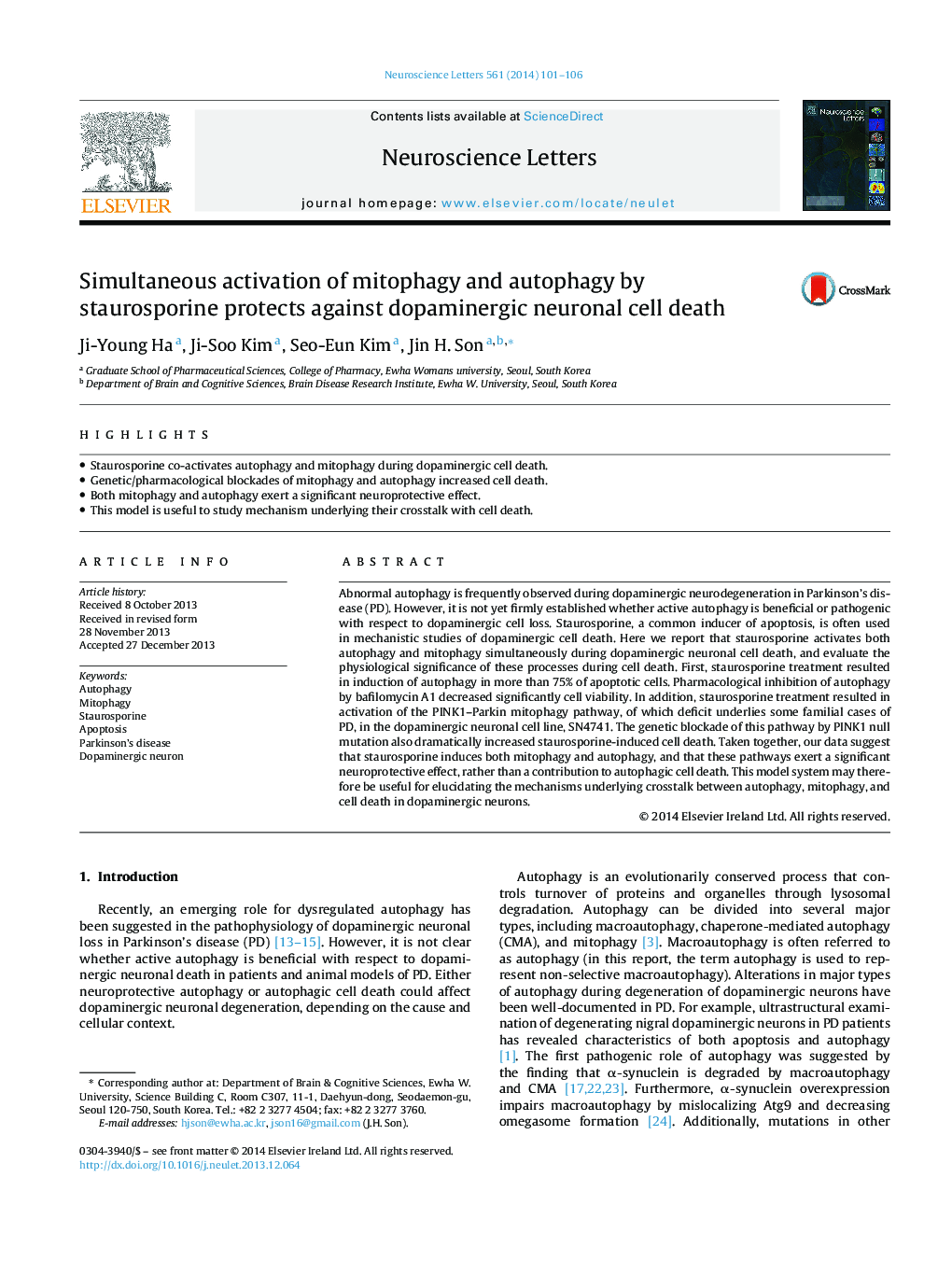 Simultaneous activation of mitophagy and autophagy by staurosporine protects against dopaminergic neuronal cell death