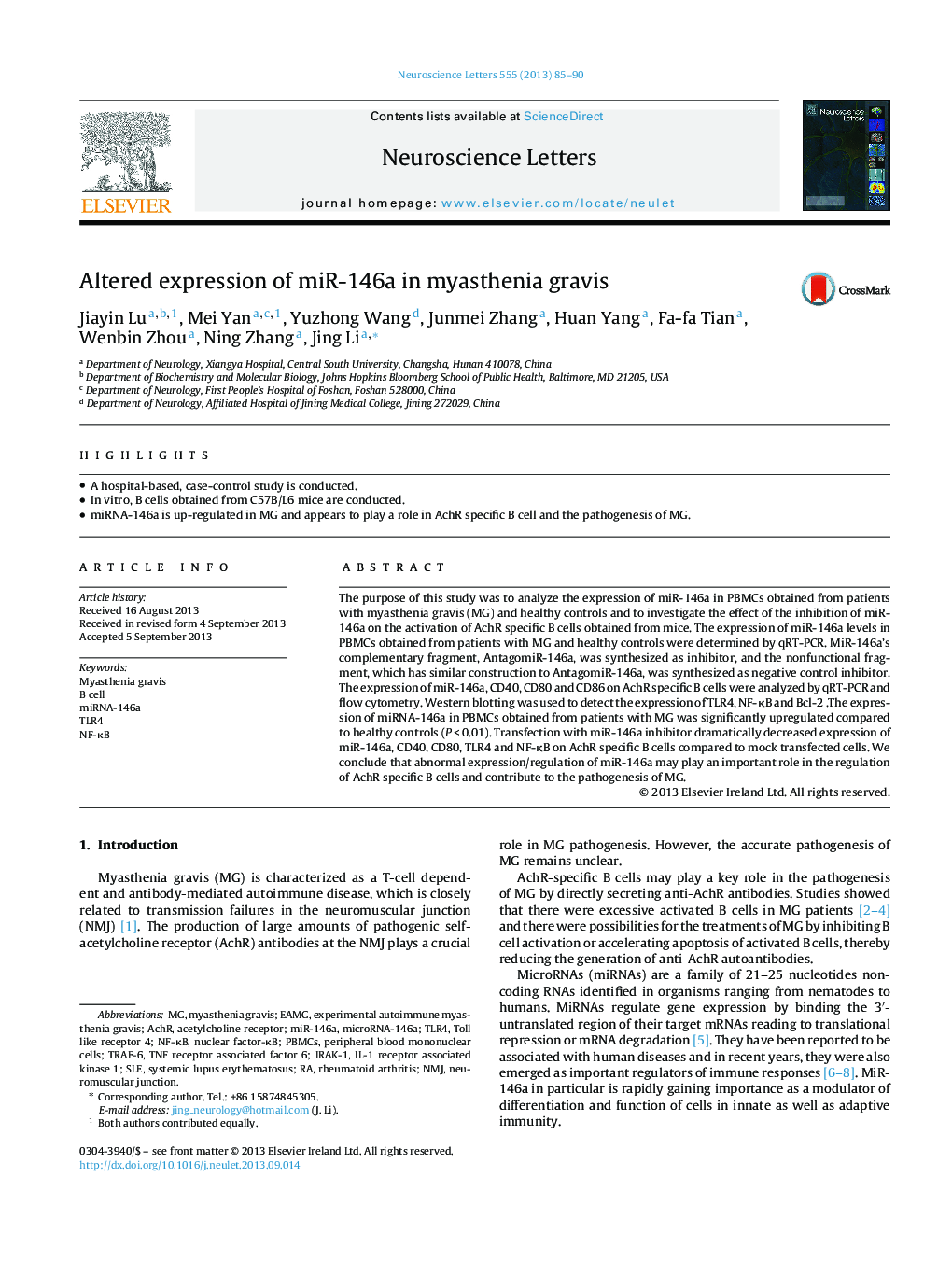 Altered expression of miR-146a in myasthenia gravis