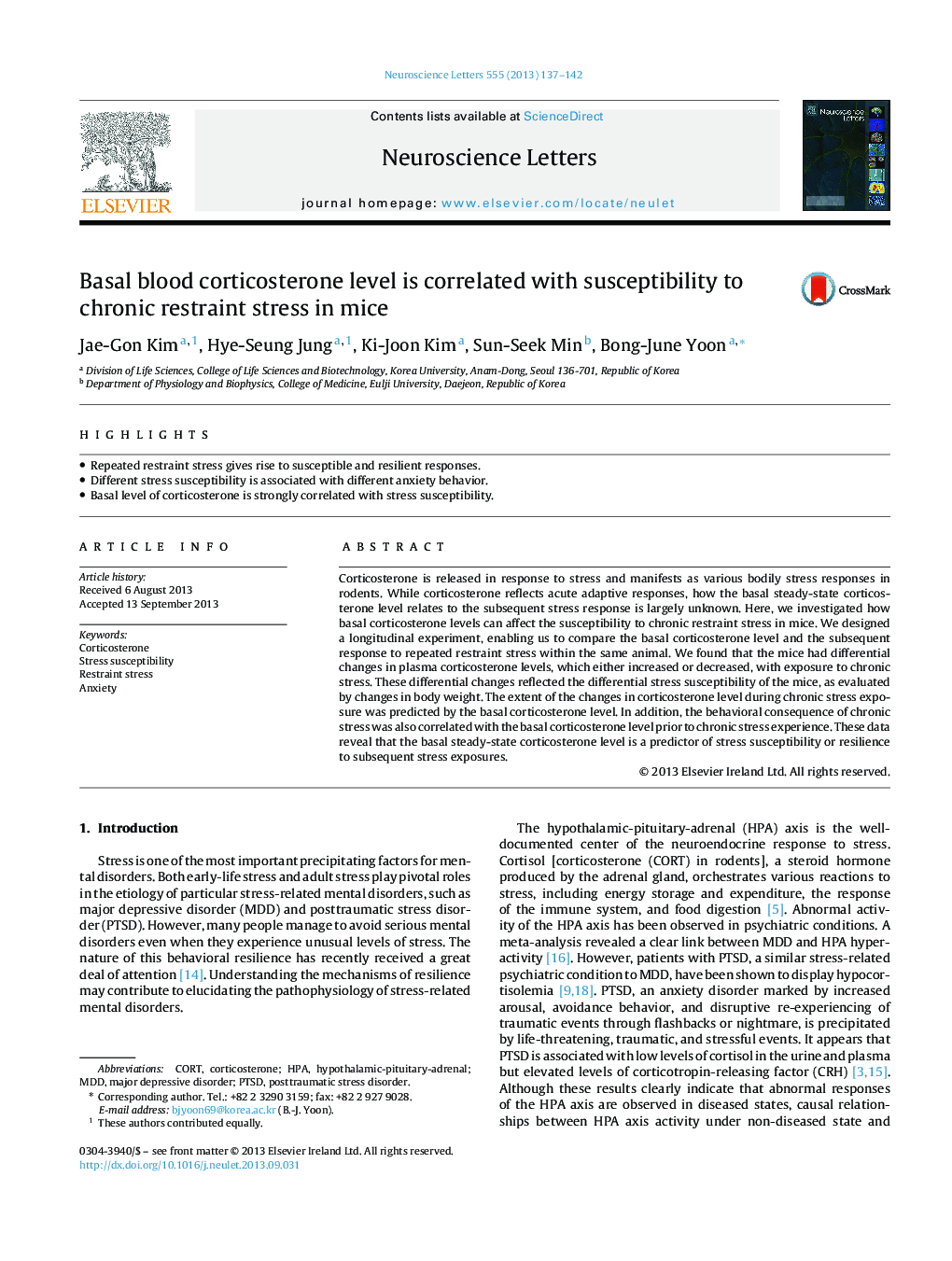 Basal blood corticosterone level is correlated with susceptibility to chronic restraint stress in mice