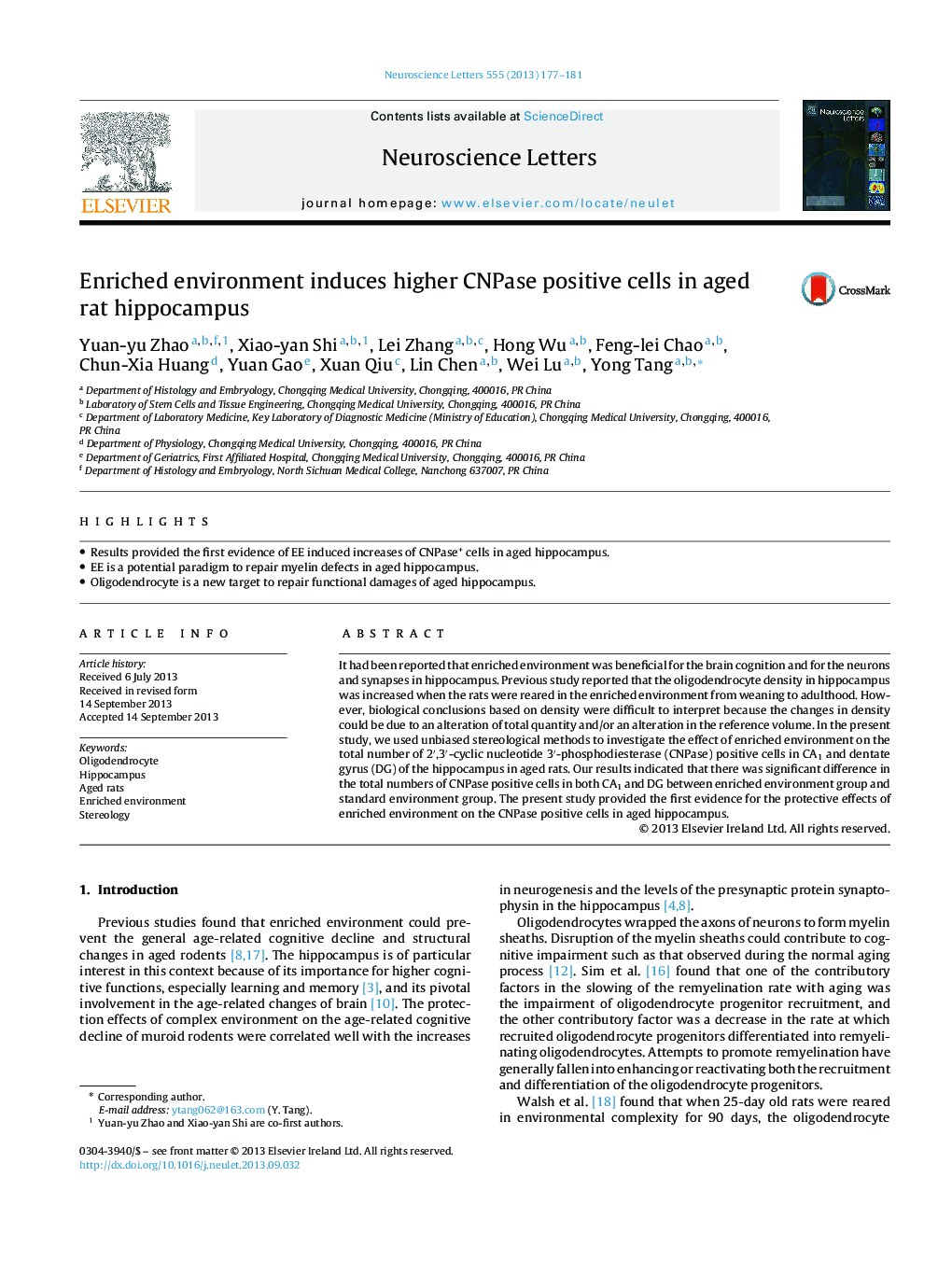 Enriched environment induces higher CNPase positive cells in aged rat hippocampus