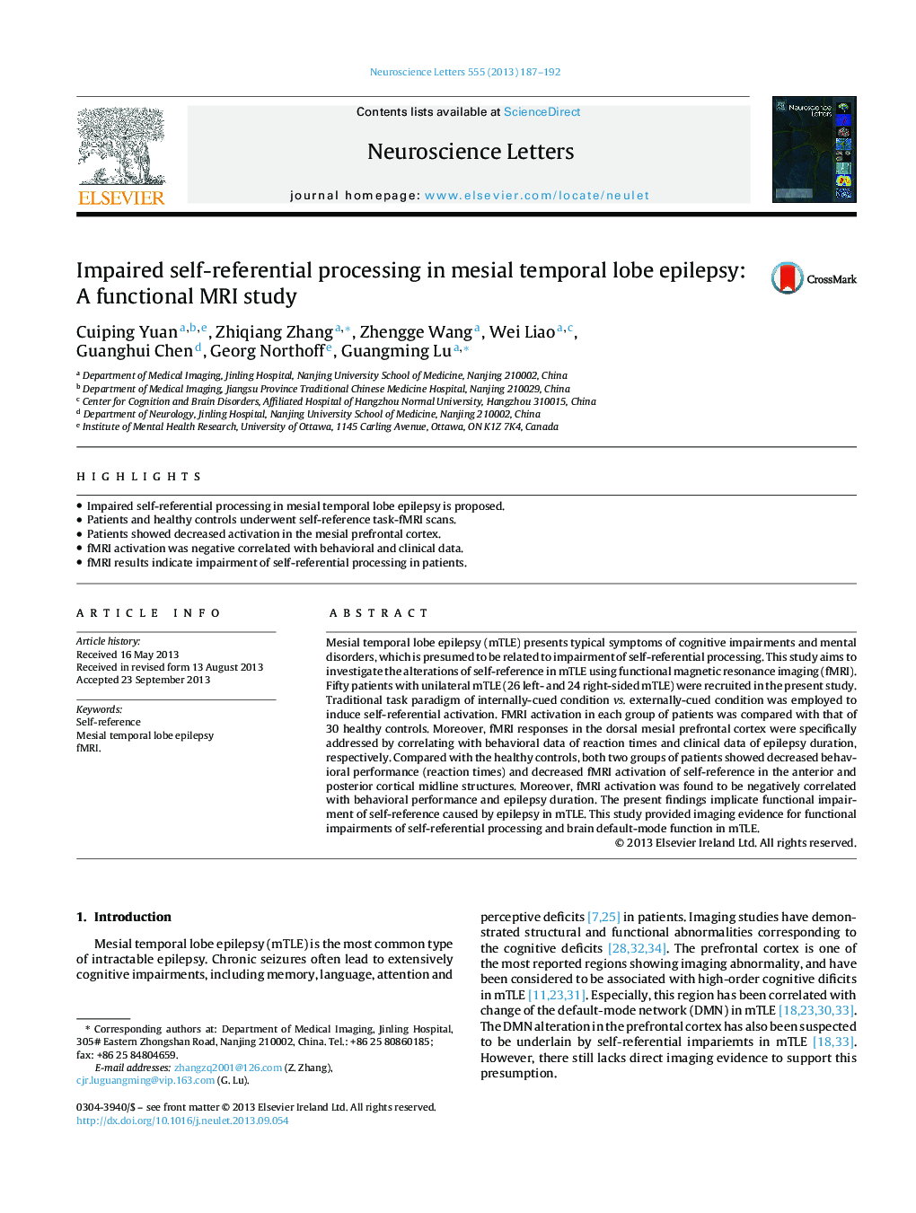 Impaired self-referential processing in mesial temporal lobe epilepsy: A functional MRI study