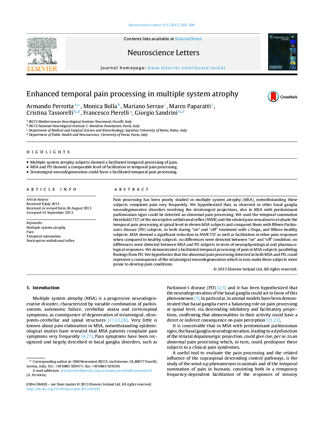 Enhanced temporal pain processing in multiple system atrophy