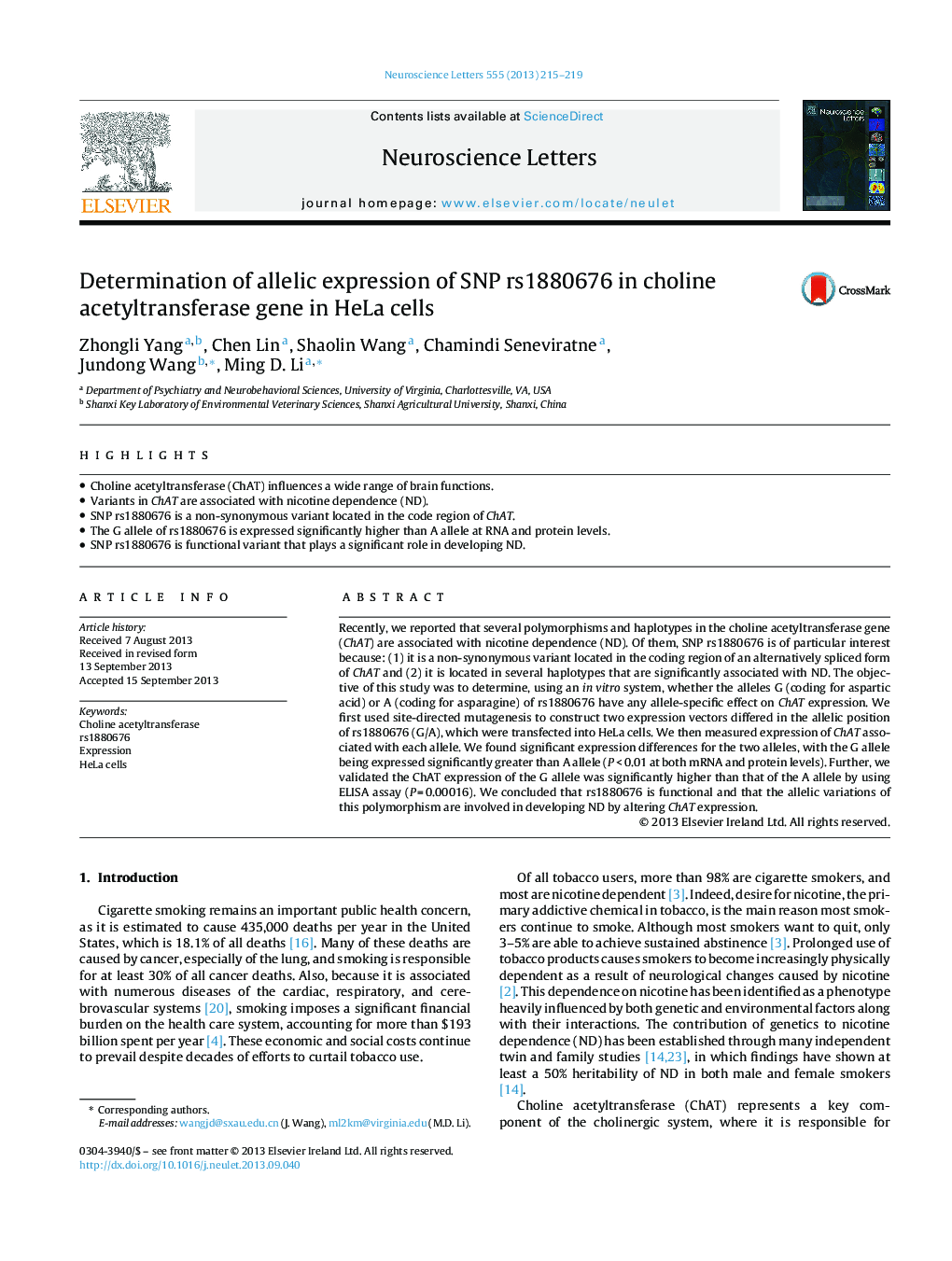 Determination of allelic expression of SNP rs1880676 in choline acetyltransferase gene in HeLa cells