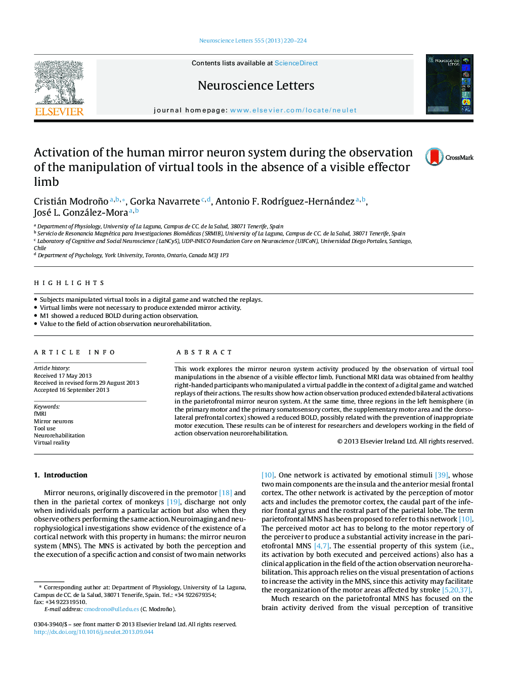 Activation of the human mirror neuron system during the observation of the manipulation of virtual tools in the absence of a visible effector limb