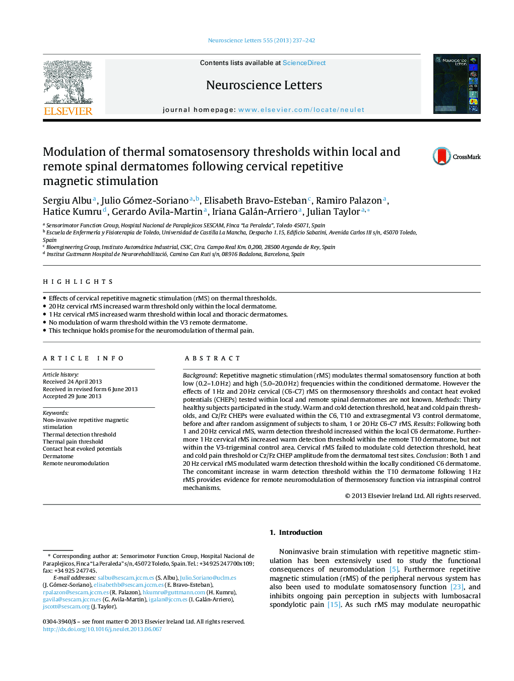 Modulation of thermal somatosensory thresholds within local and remote spinal dermatomes following cervical repetitive magnetic stimulation