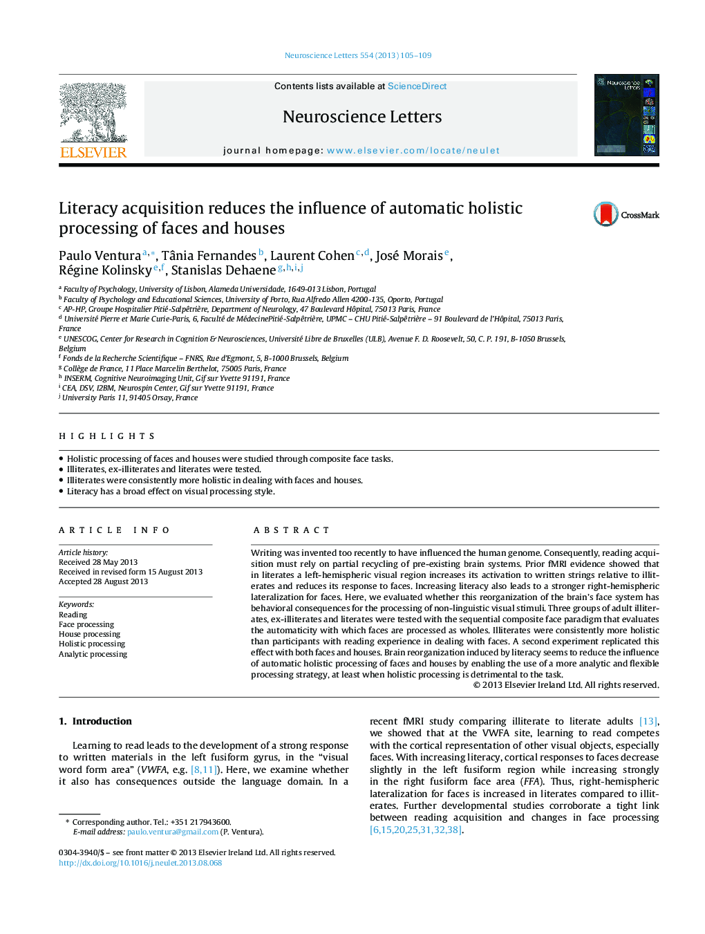 Literacy acquisition reduces the influence of automatic holistic processing of faces and houses