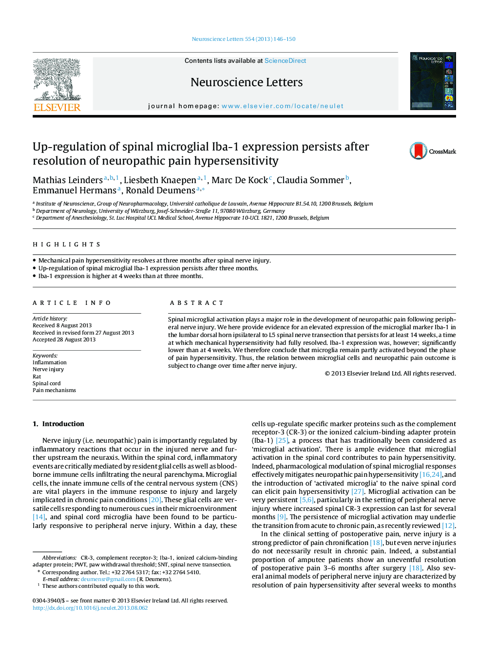 Up-regulation of spinal microglial Iba-1 expression persists after resolution of neuropathic pain hypersensitivity